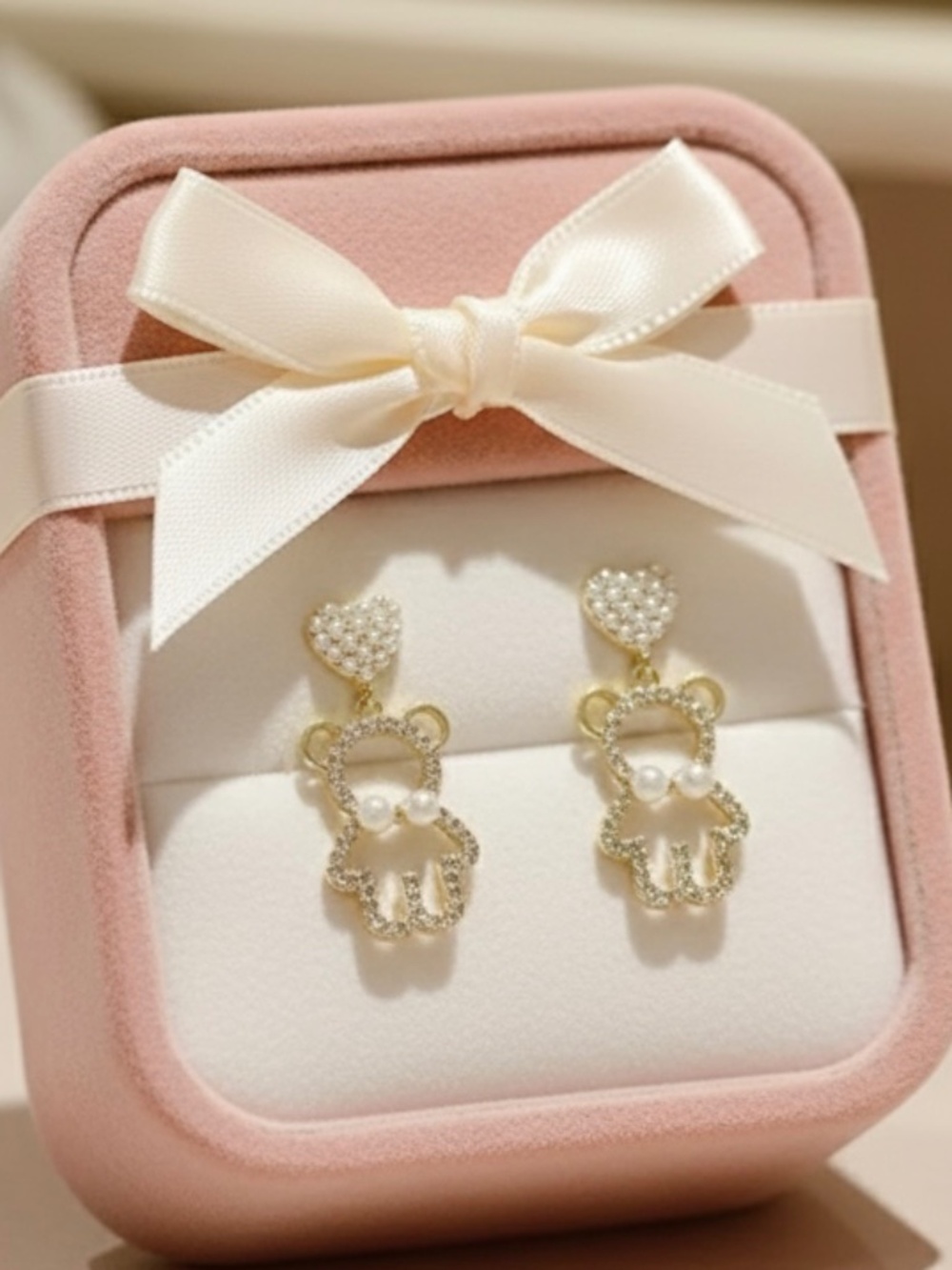 Sparkling Gold Teddy Bear Drop Earrings w/ Crystal Embellishment & Heart Stud